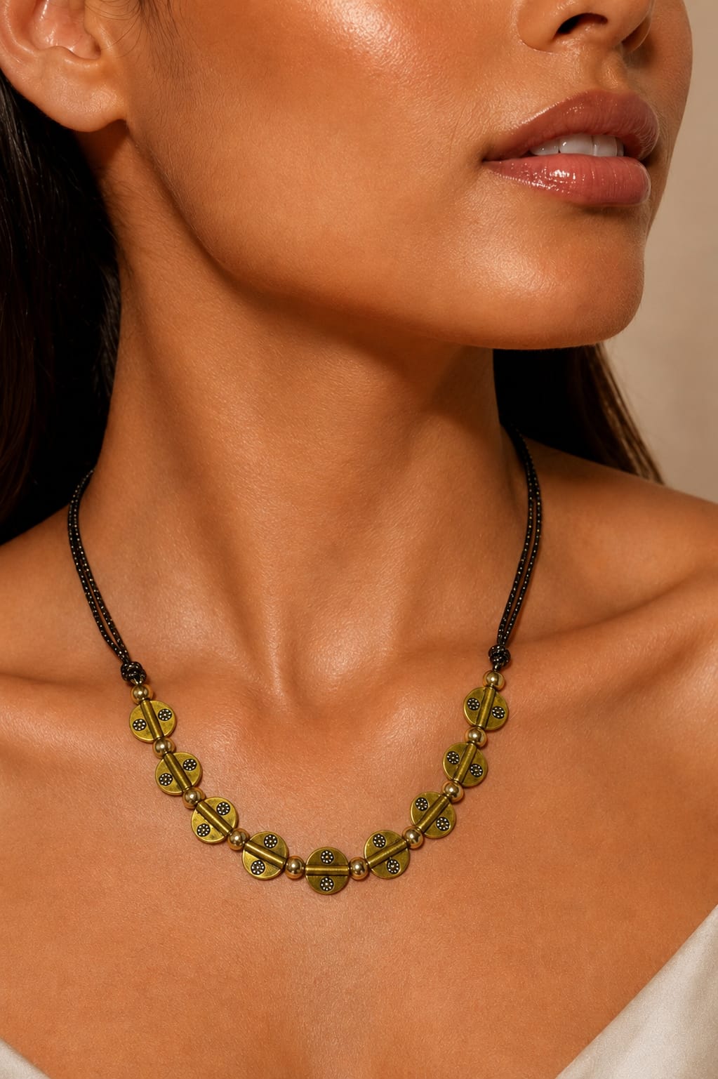 Rehana Brass Disc Black Bead Necklace Set