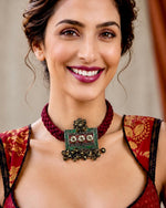 Rajkumari oxidised silver choker with meenakari enamel florets and ghungroo bells on maroon cord, HeerMaya jewellery