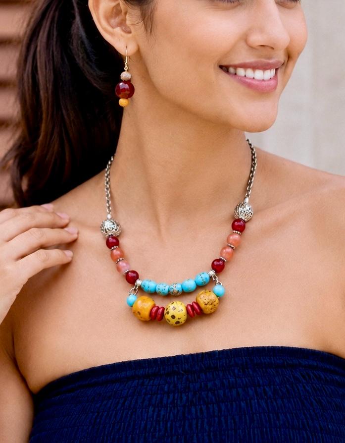 Farah Two-Layer Turquoise & Coral Bead Necklace Set