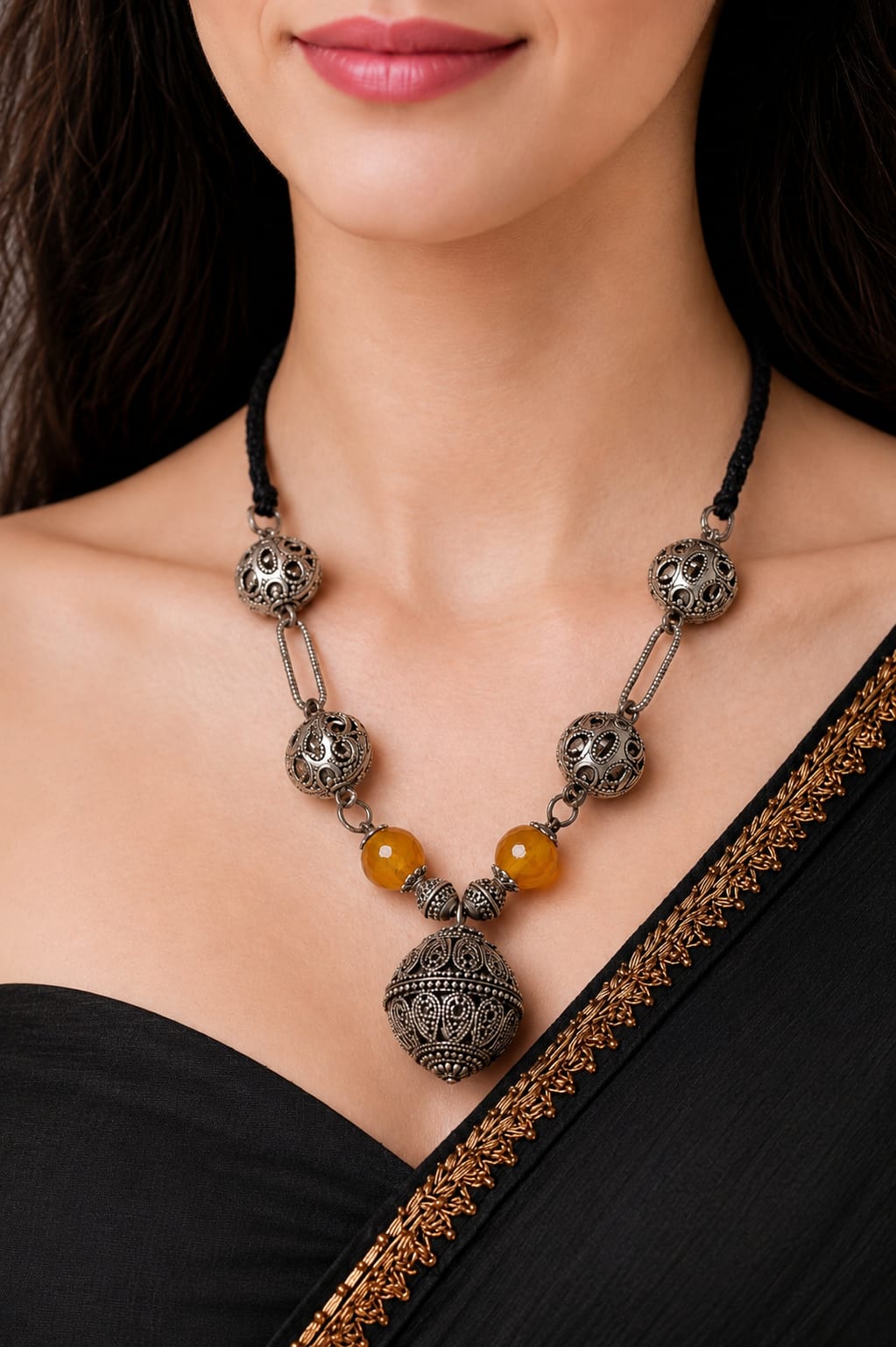 Oxidised Silver Filigree Dome Amber Bead Necklace — handcrafted tribal necklace India by HeerMaya
