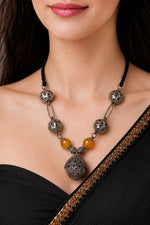 Oxidised Silver Filigree Dome Amber Bead Necklace — handcrafted tribal necklace India by HeerMaya