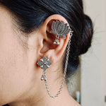 Oxidised Lotus Ear Cuff Chain Stud Set — handcrafted tribal jewellery set India by HeerMaya