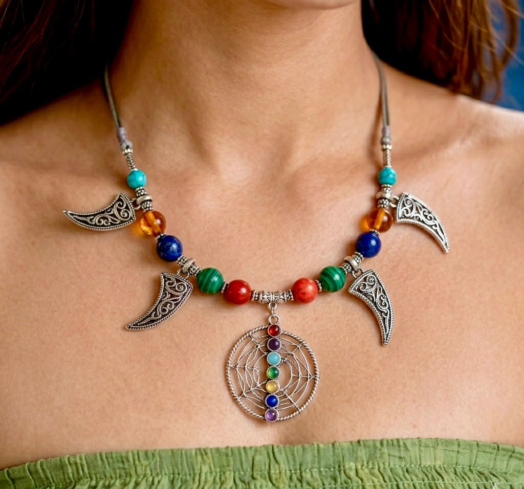 7 Chakra Dreamcatcher Silver Crescent Necklace — handcrafted ethnic necklace India by HeerMaya
