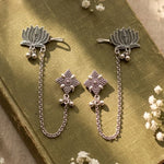 Oxidised Lotus Ear Cuff Chain Stud Set