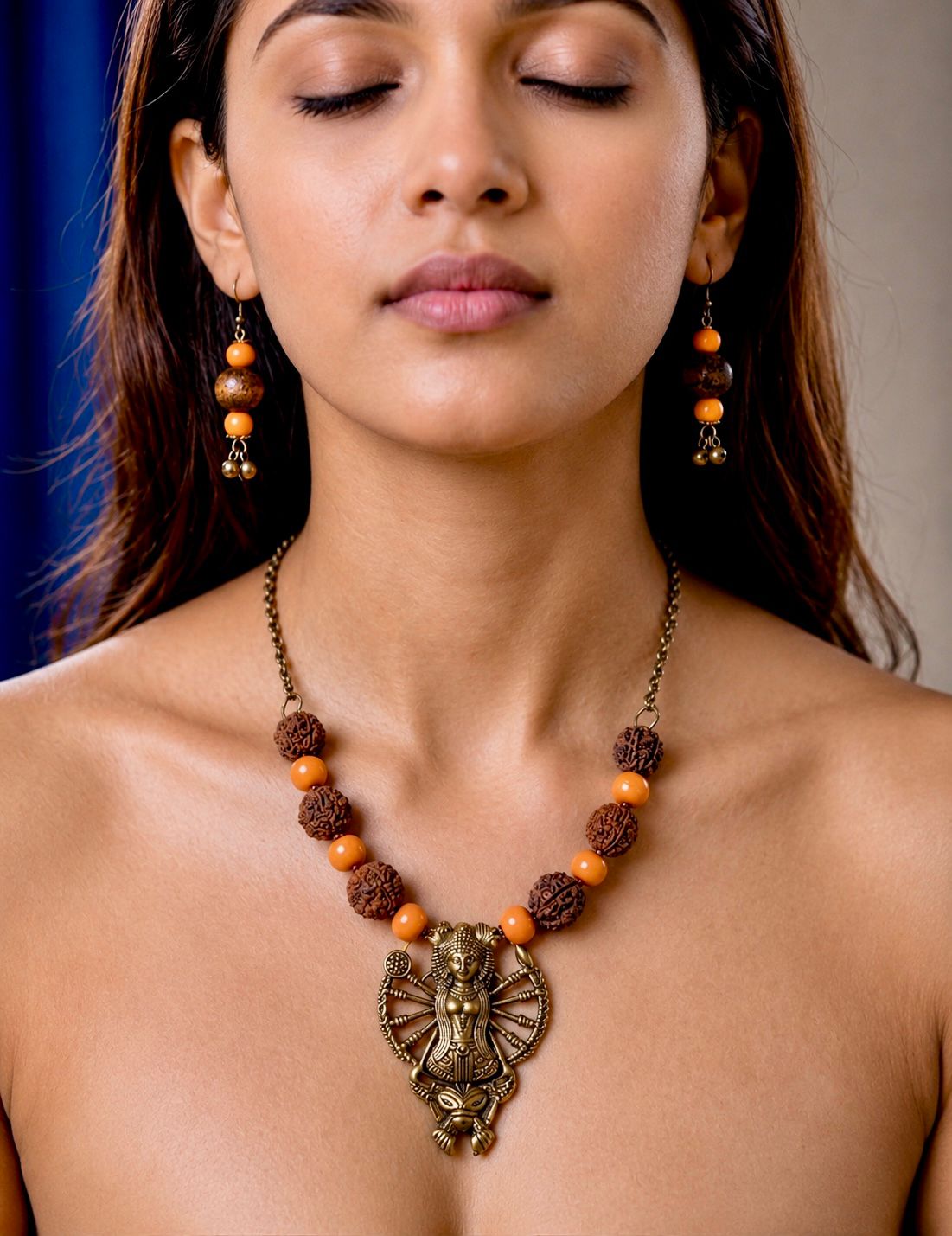 Brass Durga Multi-Arm Rudraksha Orange Bead Necklace — handcrafted temple necklace India by HeerMaya