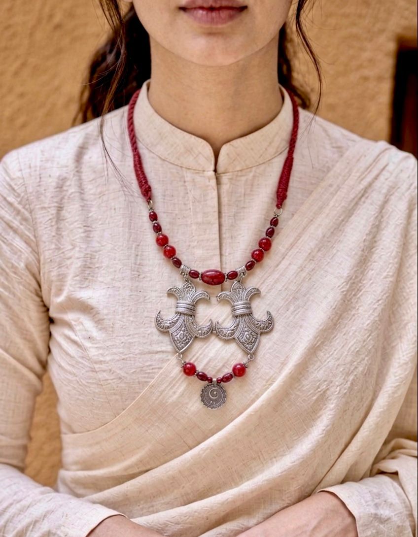 Oxidised Silver Fleur Crescent Coral Bead Necklace