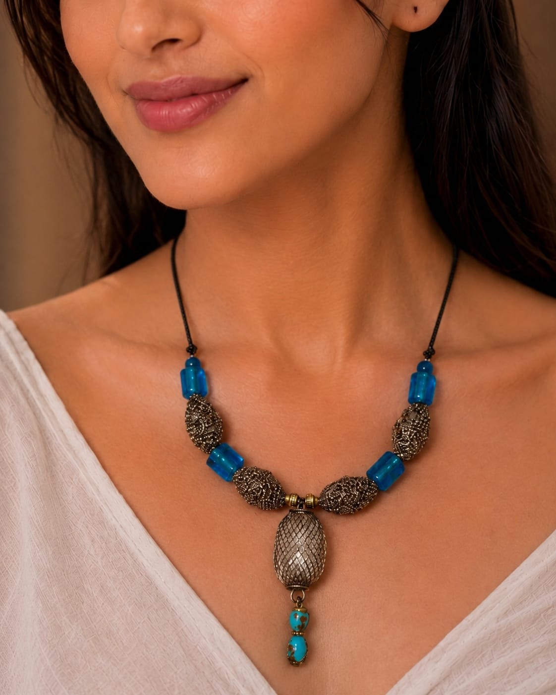 Sitara Blue Glass & Silver Filigree Necklace
