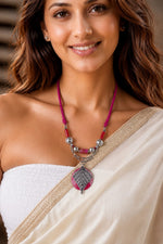 Zohra Pink Cord Silver Leaf Pendant Necklace