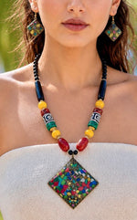 Tibetan Mosaic Diamond Pendant Multicolour Bead Necklace