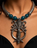 Oxidised Durga Warrior Torque Teal Bead Necklace — handcrafted temple necklace India by HeerMaya