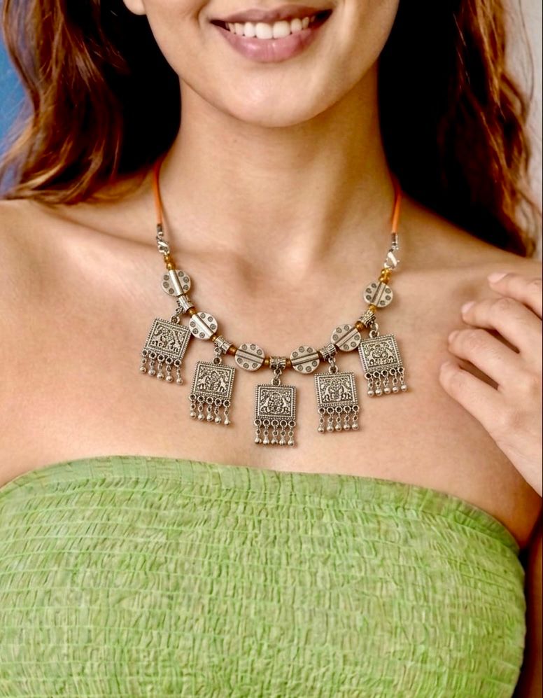 Oxidised Square Deity Panel Ghungroo Necklace