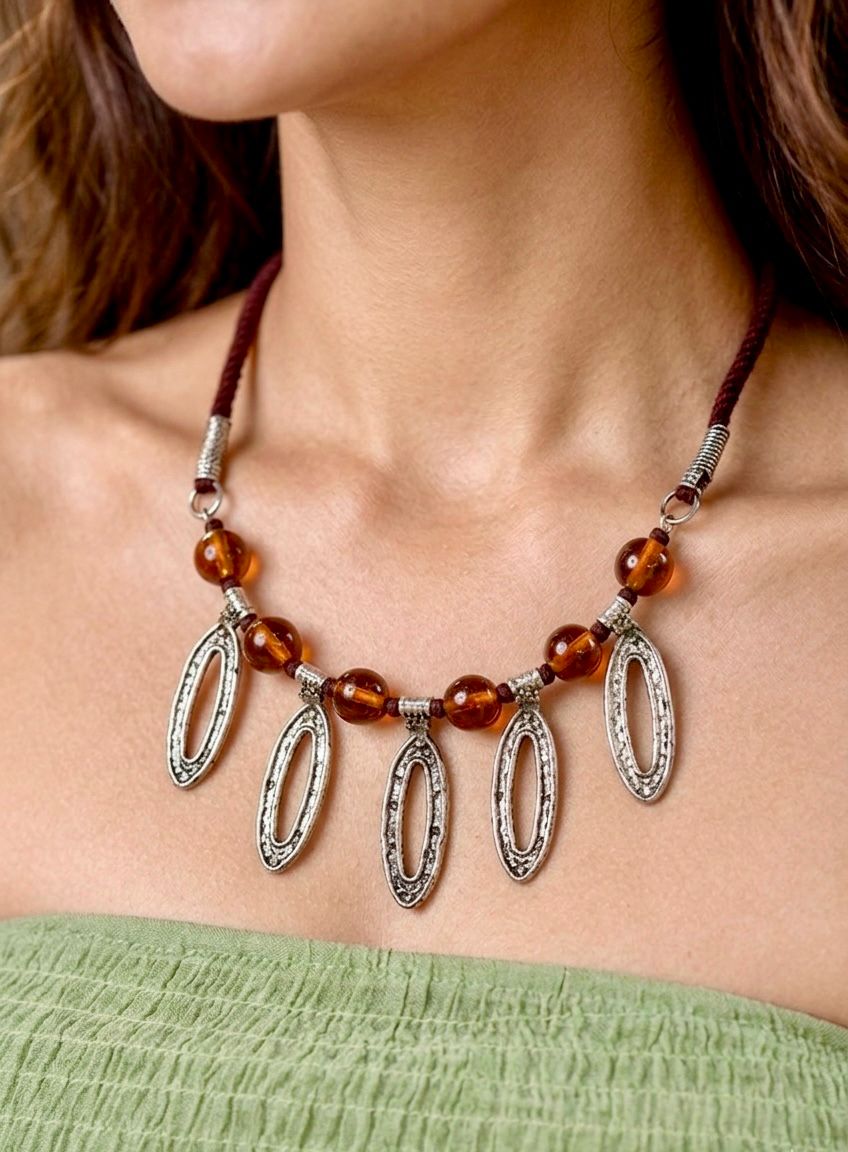 Silver Oval Frame Fringe Amber Glass Bead Necklace