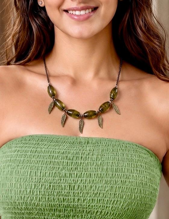 Olive Grove Glass & Feather Necklace