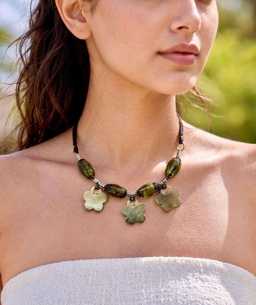 Shell Mother-of-Pearl Flower Olive Glass Bead Necklace