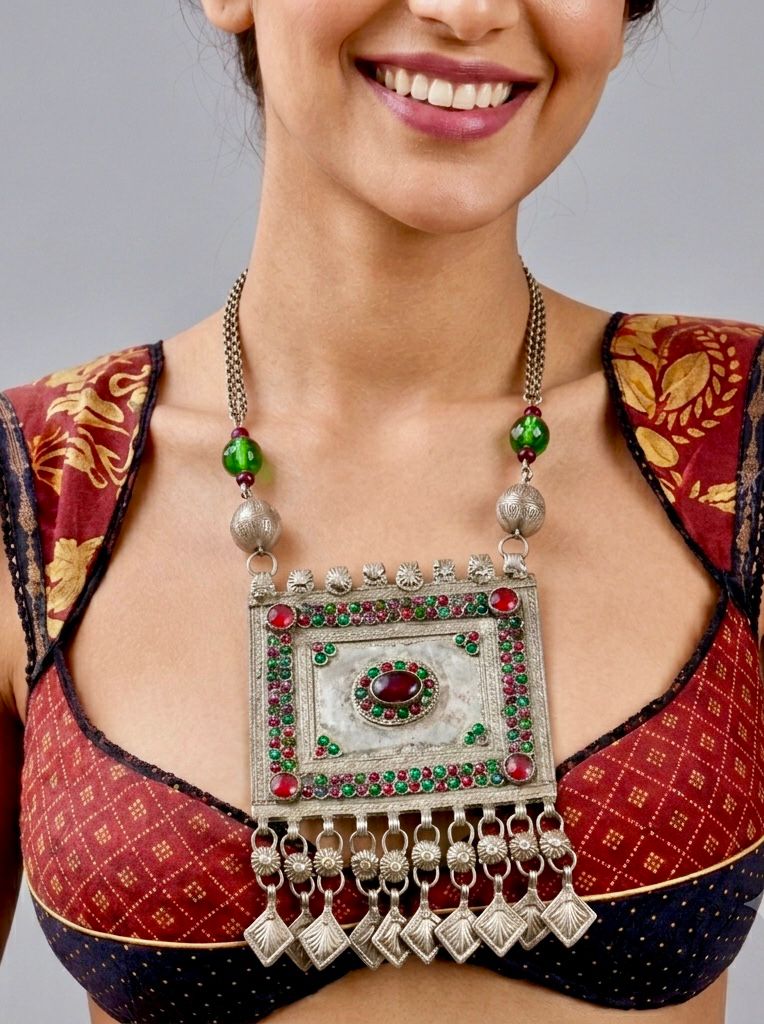 Afghan Kuchi Large Square Multistone Pendant Necklace
