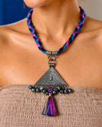 Oxidised Triangle Amulet Ghungroo Tassel Braided Cord Necklace — handcrafted tribal necklace India by HeerMaya