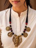 Brass Durga Deity Coin Lava Bead Necklace — handcrafted temple necklace India by HeerMaya