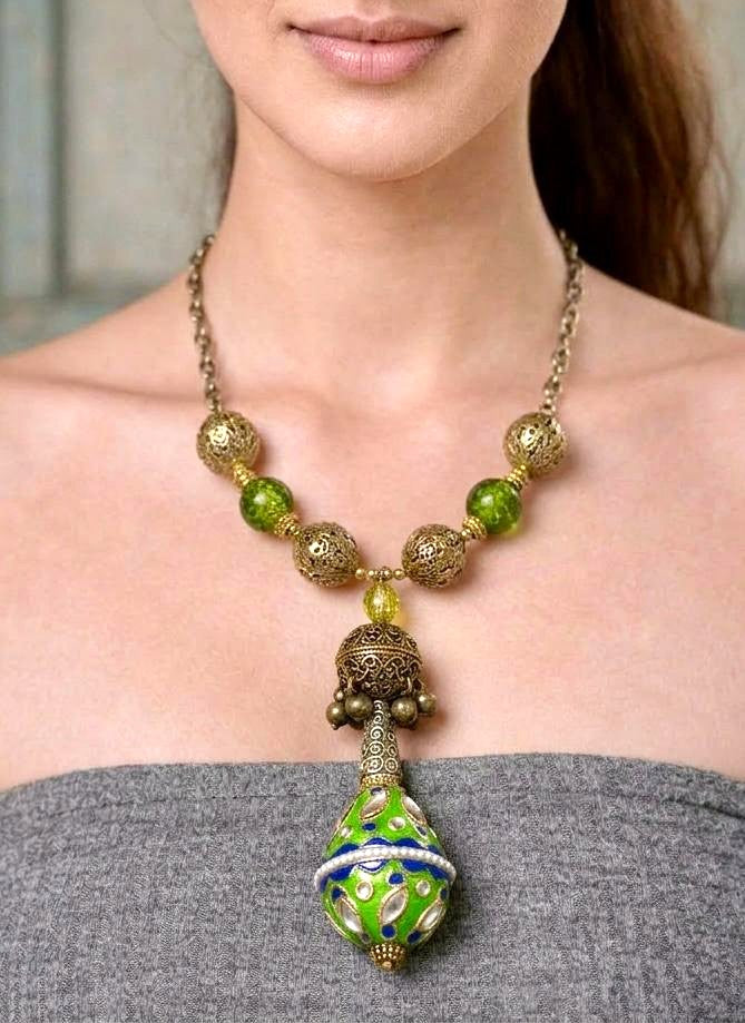 Emerald Enamel Teapot Statement Necklace