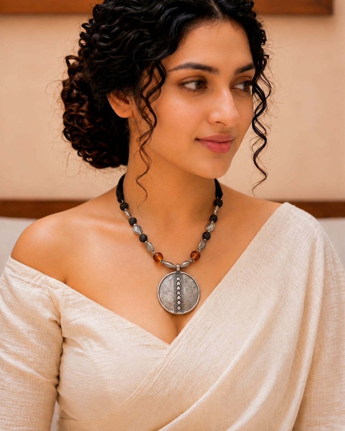 Oxidised Circle Medallion Lava Bead Necklace