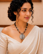 Oxidised Circle Medallion Lava Bead Necklace