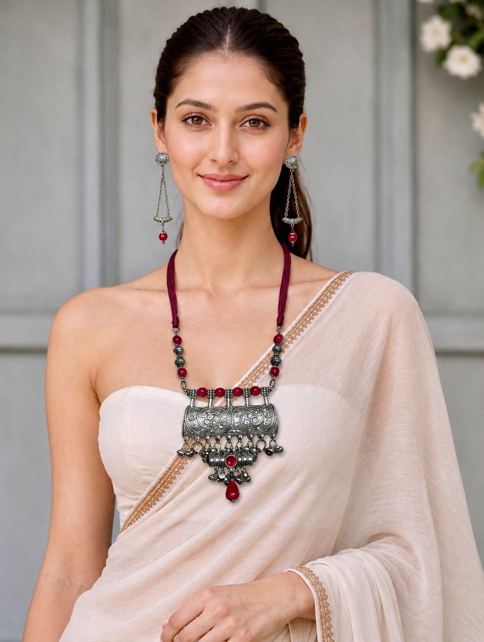 Oxidised Cylinder Amulet Coral Bead Tassel Necklace