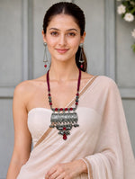 Oxidised Cylinder Amulet Coral Bead Tassel Necklace