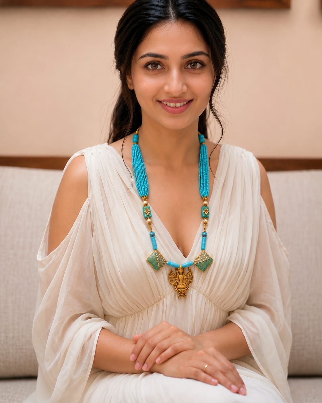Turquoise Meenakari Durga Gold Bead Necklace