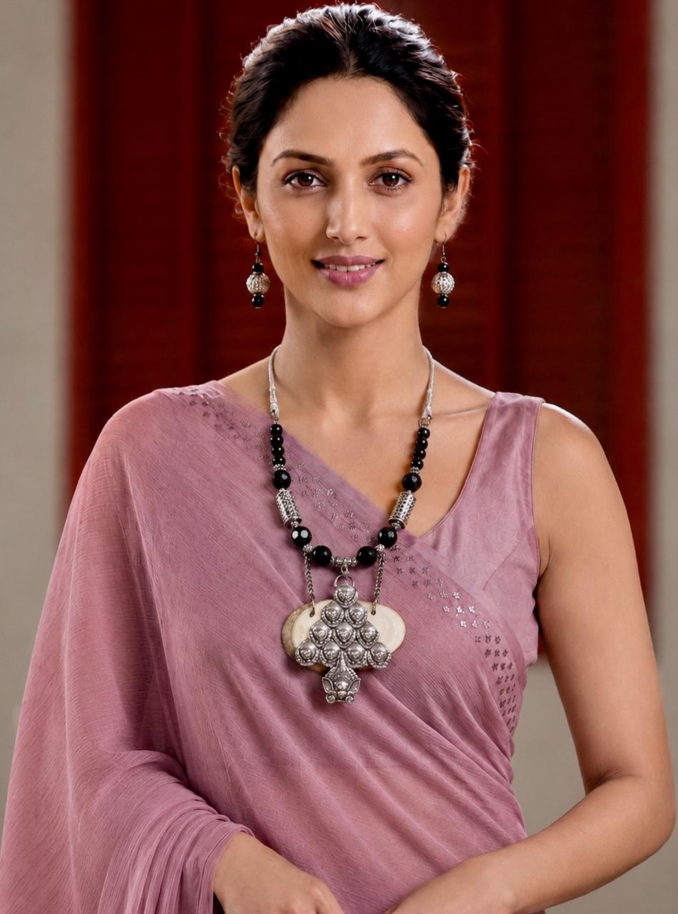 Gulnaar Oxidised Silver Filigree Bead Necklace Set