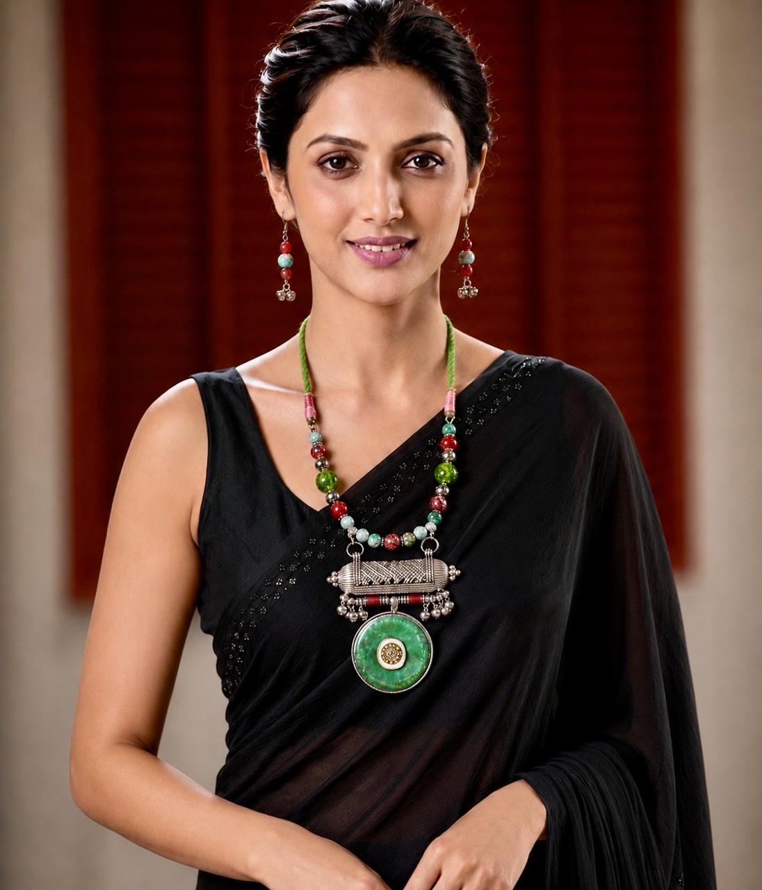 Meher Silver Multicolour Amulet Pendant Necklace Set