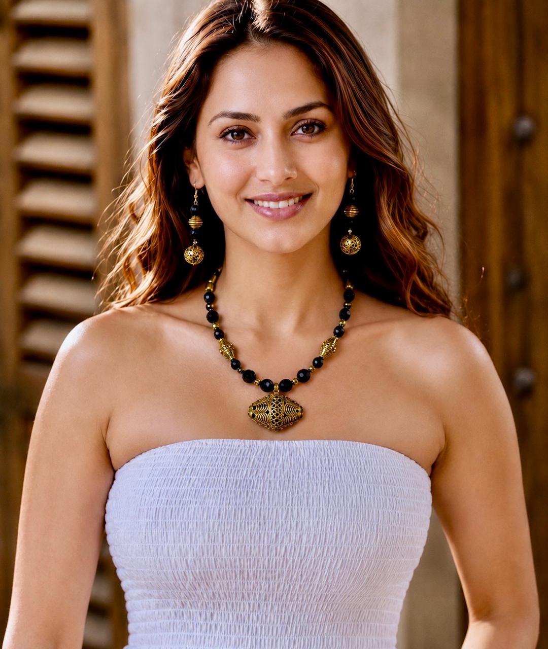 Kaveri Black Onyx Dhokra Brass Pendant Tribal Necklace Set for Women