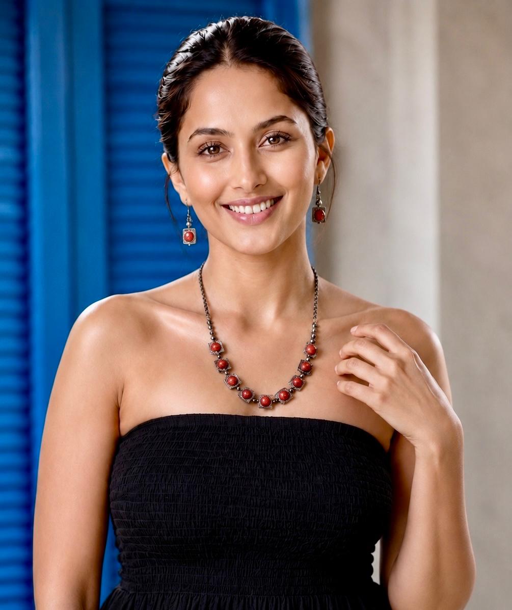 Surkhi Oxidised Silver Coral Stone Necklace Set