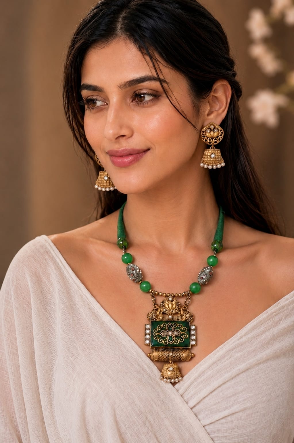Kundan Green Jade Lotus Gold Temple Necklace
