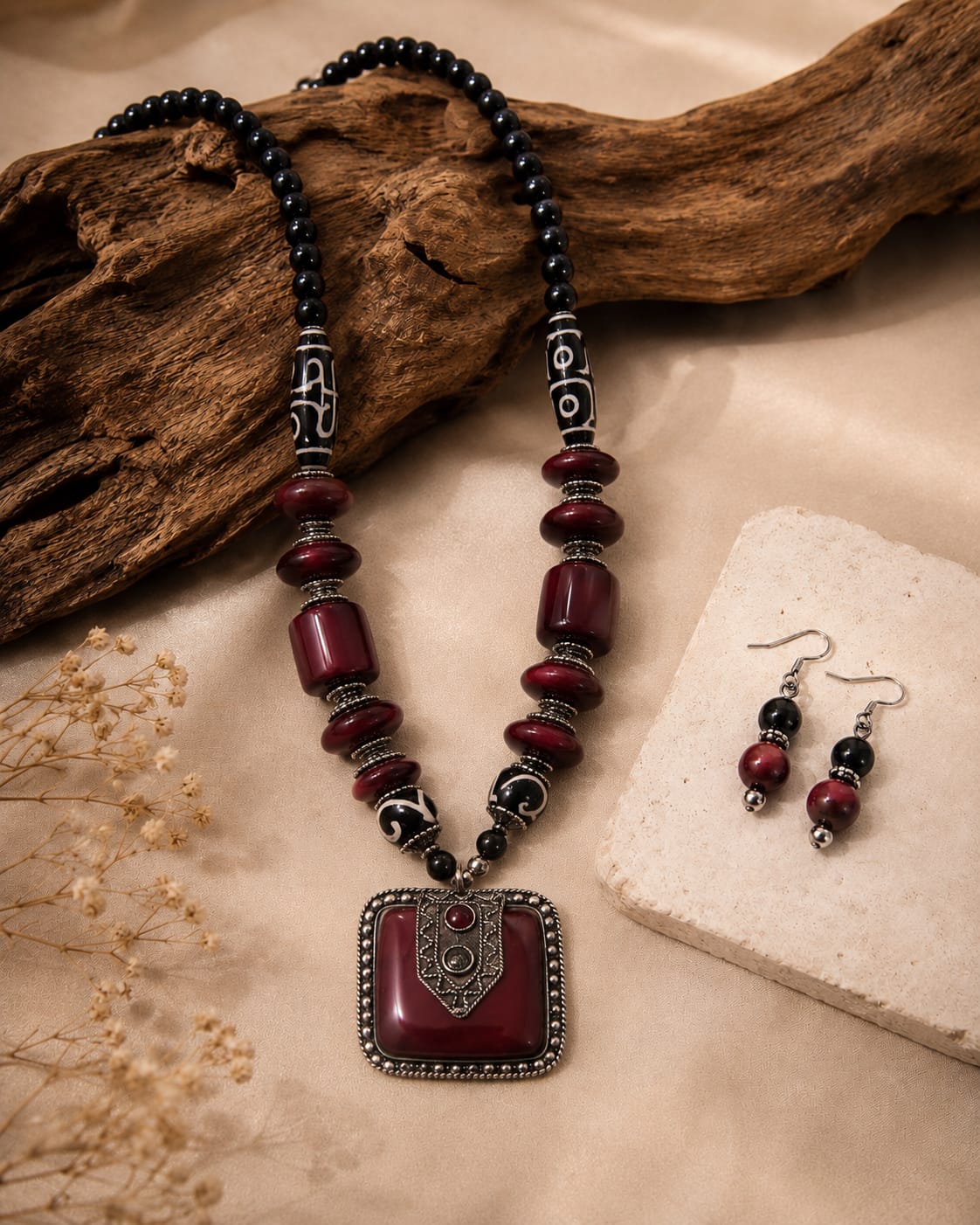 Maroon Square Jade Tibetan Bead Necklace