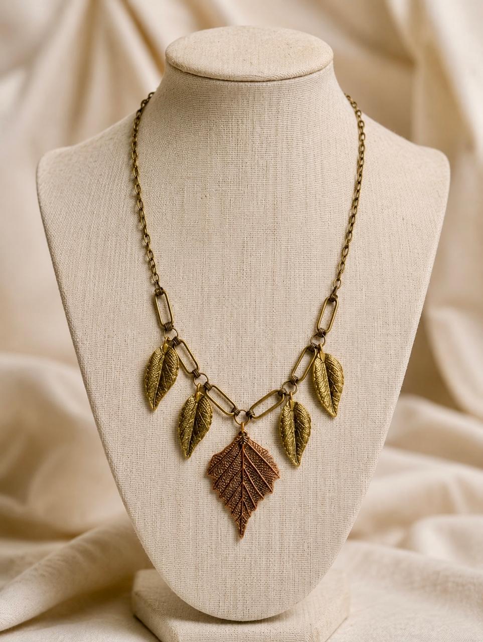 Patra Antique Gold Leaf Cluster Boho Necklace for Women