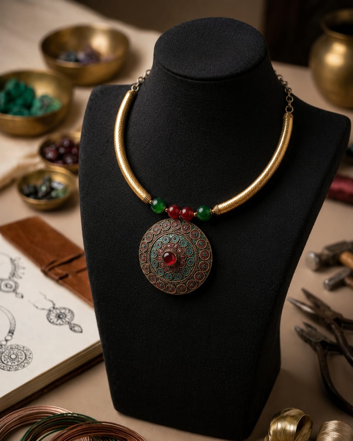 Tibetan Mandala Teal Enamel Torque Necklace