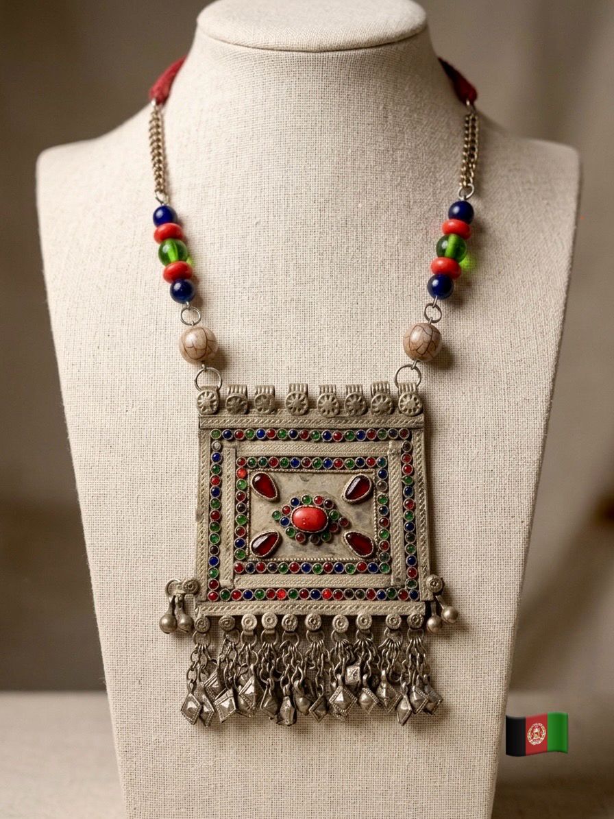 Afghan Kuchi Rectangle Multistone Chain Tassel Necklace