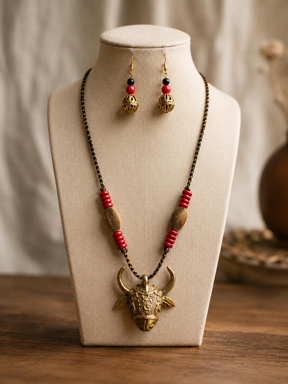 Gauri Dhokra Brass Bull Pendant Tribal Necklace Set for Women