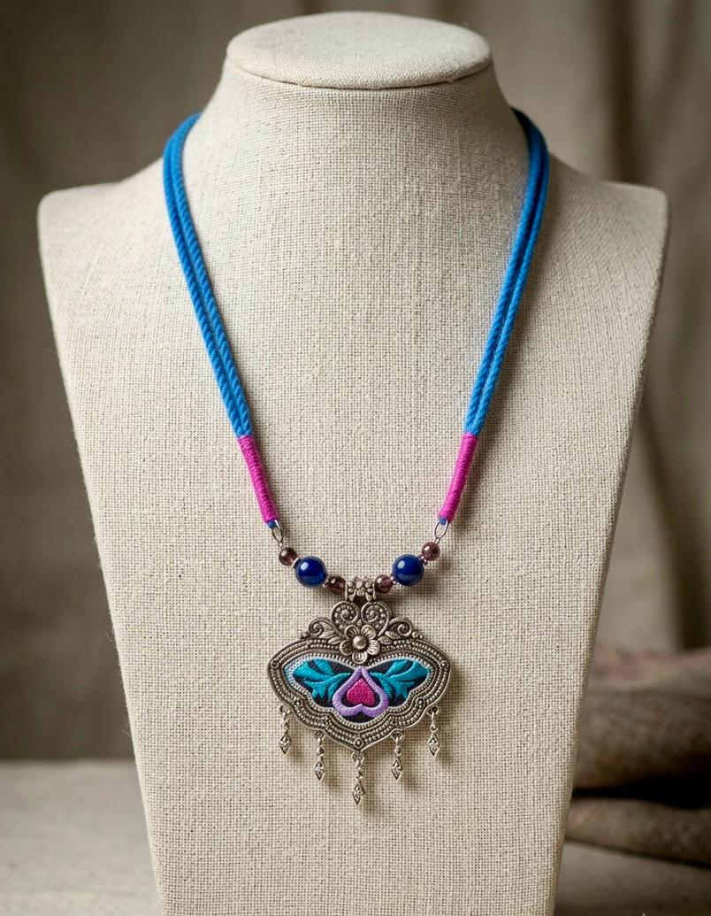 Cobalt lapis beads on a blue and pink cord with slim oxidised silver drops below the pendant