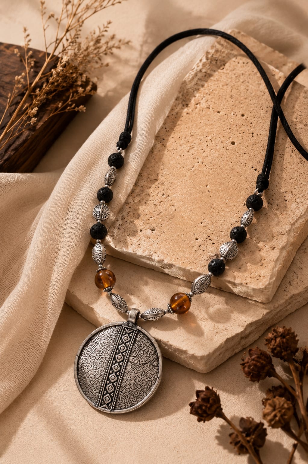 Oxidised Circle Medallion Lava Bead Necklace