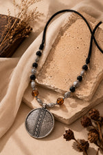 Oxidised Circle Medallion Lava Bead Necklace