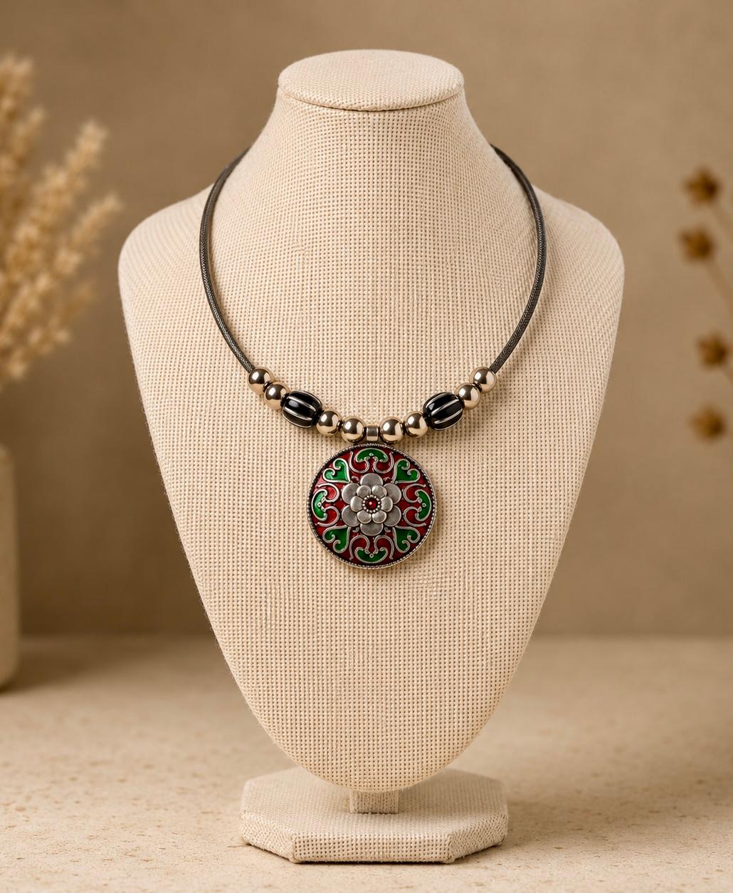 Meenal Oxidised Silver Enamel Mandala Torque Choker Necklace for Women