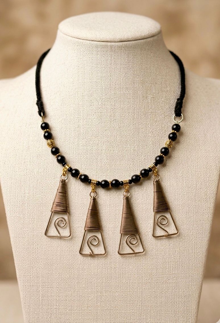 Brass Wire-Wrap Pyramid Fringe Onyx Bead Necklace