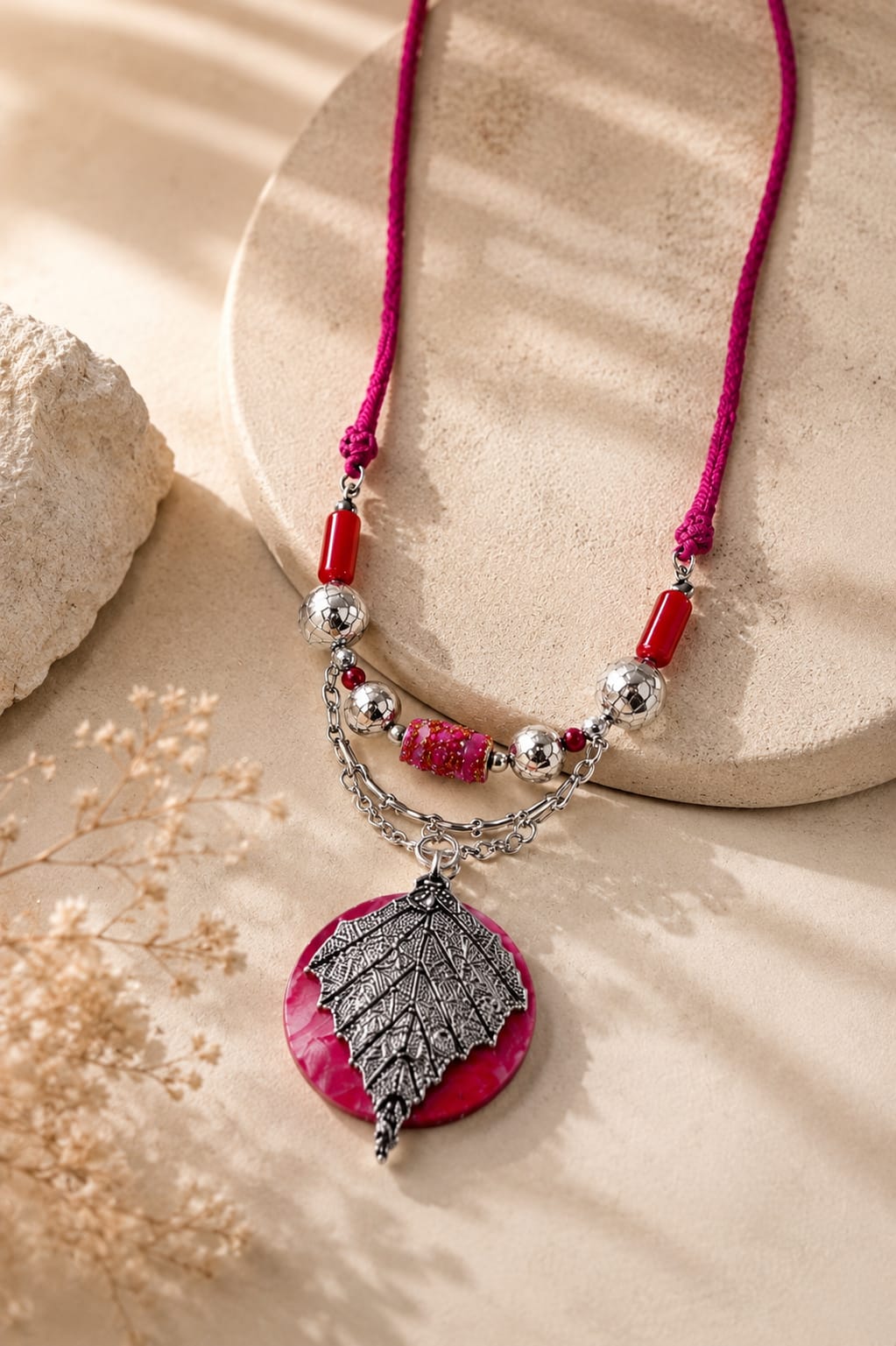 Zohra Pink Cord Silver Leaf Pendant Necklace