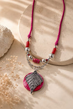 Zohra Pink Cord Silver Leaf Pendant Necklace
