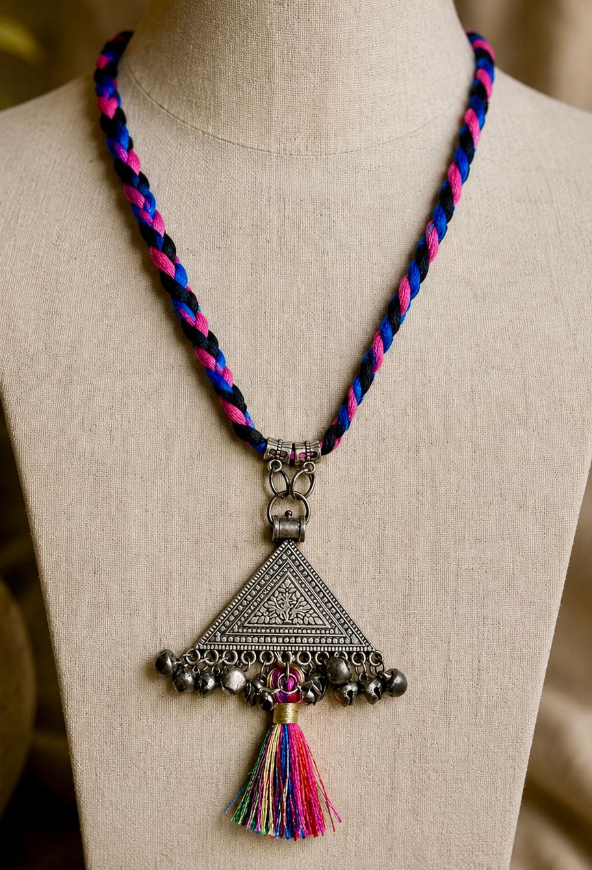 Oxidised Triangle Amulet Ghungroo Tassel Braided Cord Necklace