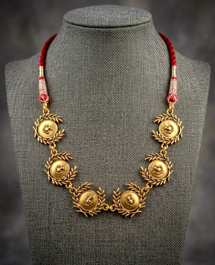 Gold Anchor Laurel Wreath Coin Braided Cord Necklace