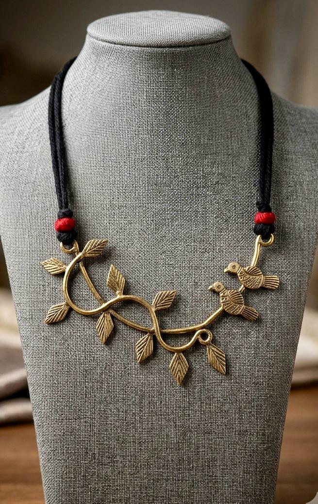 Vanya Dhokra Brass Leaf and Bird Vine Tribal Necklace for Women