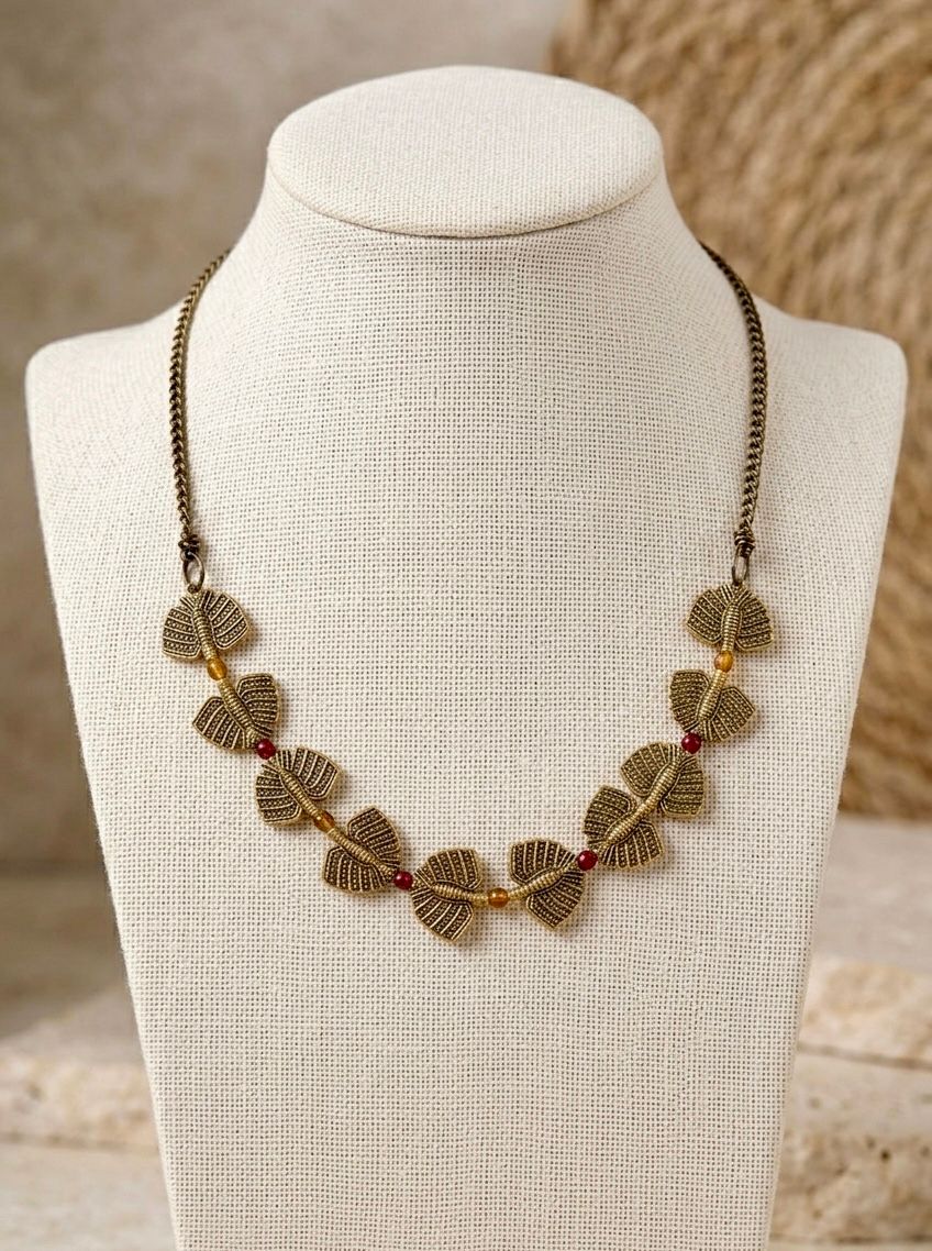 Antique Brass Leaf Garland Red Stone Necklace
