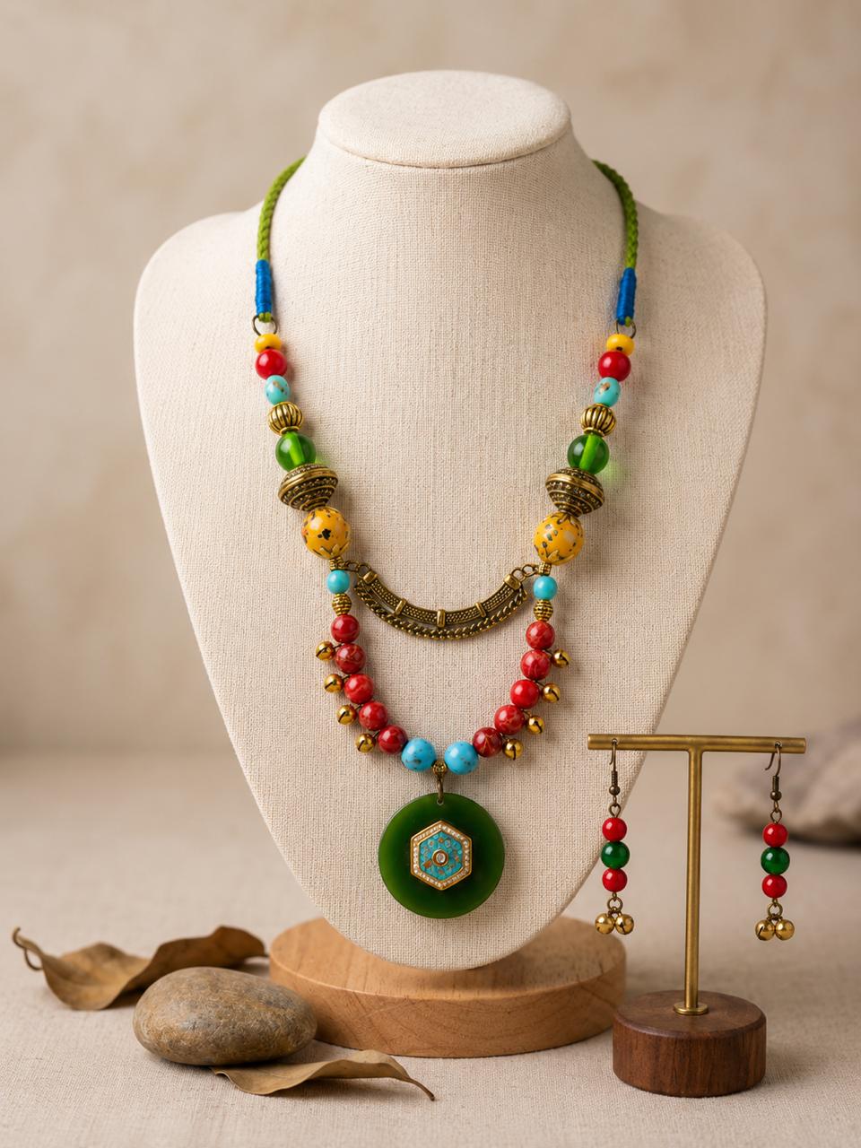 Rangoli Multicolour Beaded Green Medallion Tribal Necklace Set for Women