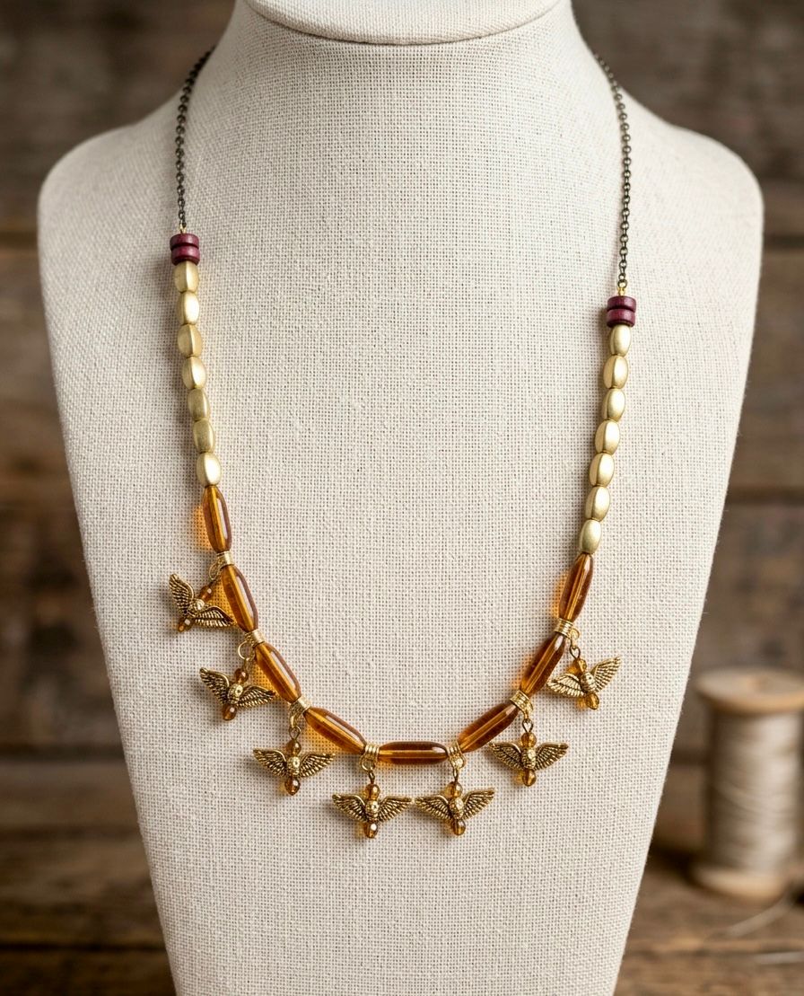 Antique Brass Eagle Bird Fringe Amber Bead Necklace